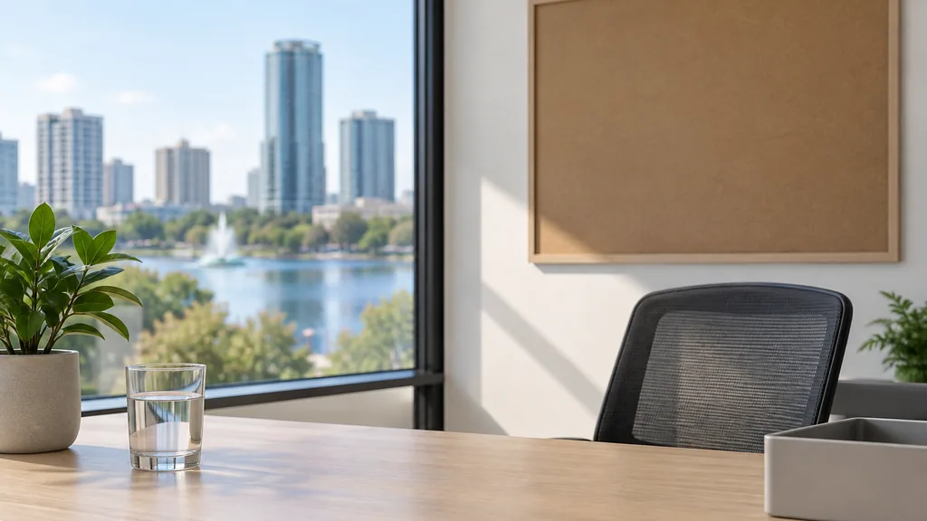 An empty workspace on an Orlando office table of pale oak with a blank pinboard and a plain water glass in bright filtered light