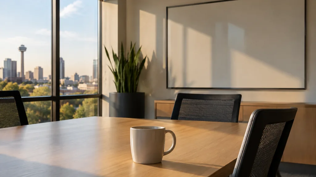 An empty workspace on a San Antonio office table of light oak with an empty strategy wall and one plain mug in warm afternoon light