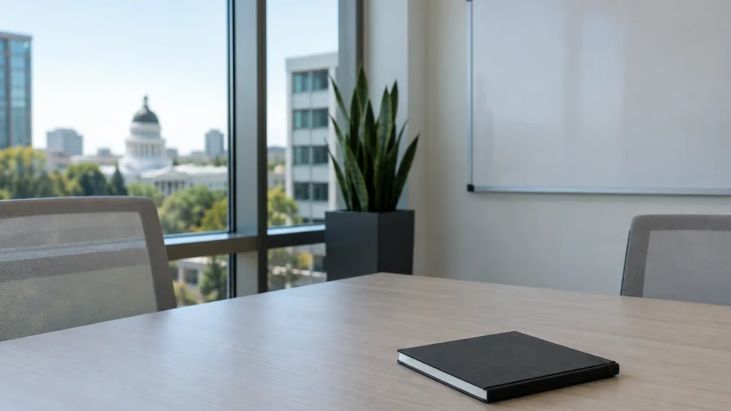 An empty workspace on a Sacramento office table of light ash with an empty whiteboard and a closed notebook in cool daylight