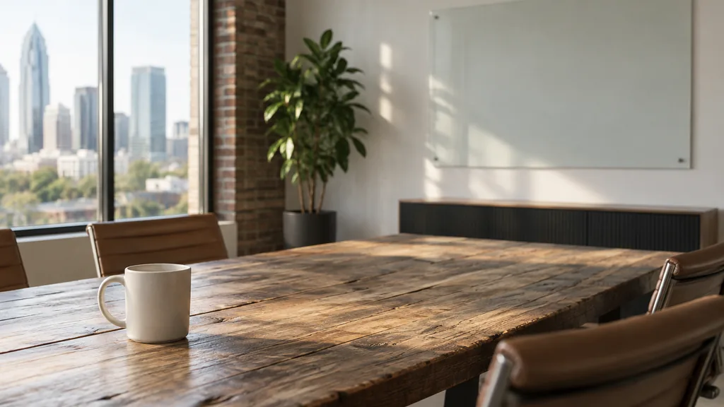 An empty workspace on a Charlotte office table of reclaimed timber with an empty planning wall and one plain mug in soft window light
