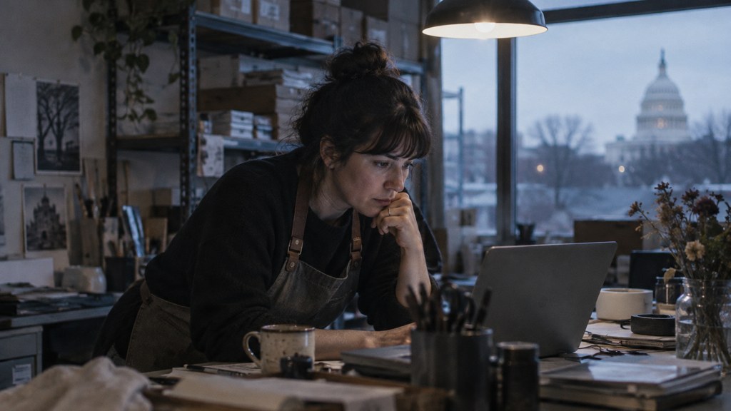 A small-business owner in an apron leaning over a laptop on a cluttered back-office desk late in the day, photographed in Washington DC