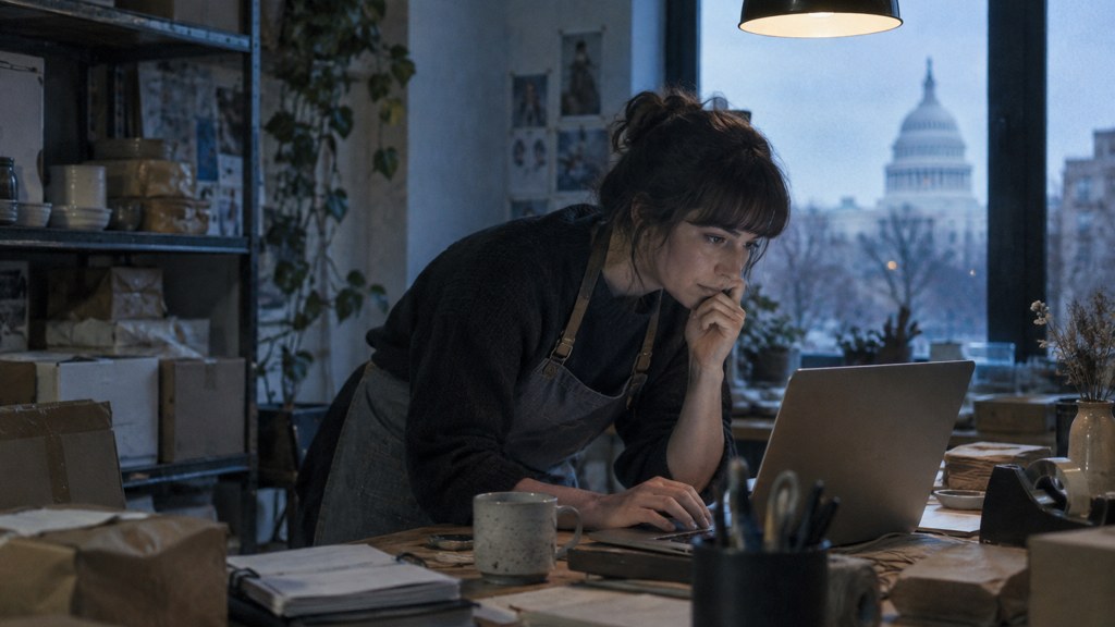 A small-business owner in an apron leaning over a laptop on a cluttered back-office desk late in the day, photographed in Washington DC