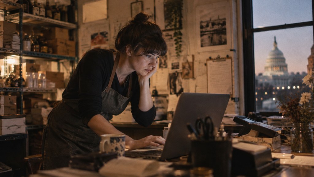 A small-business owner in an apron leaning over a laptop on a cluttered back-office desk late in the day, photographed in Washington DC