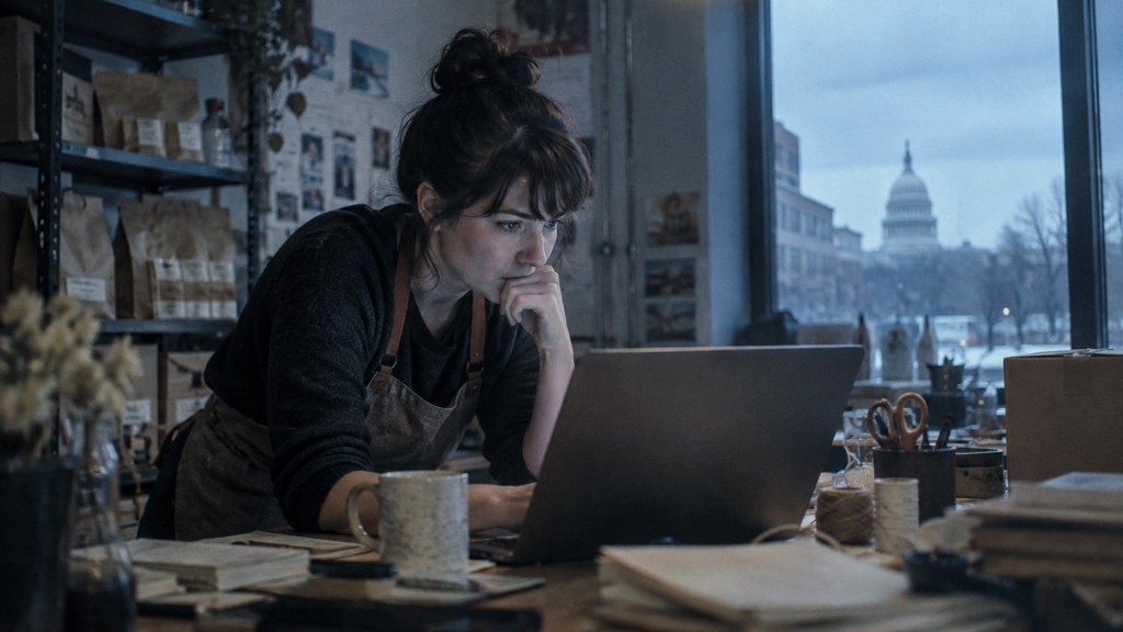 A small-business owner in an apron leaning over a laptop on a cluttered back-office desk late in the day, photographed in Washington DC