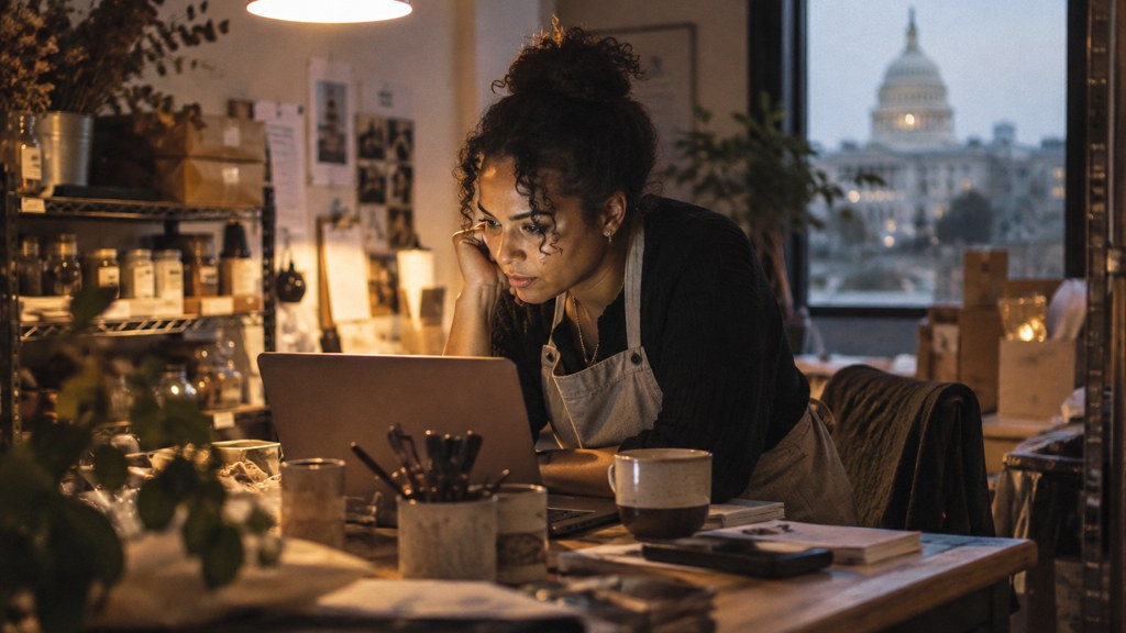 A small-business owner in an apron leaning over a laptop on a cluttered back-office desk late in the day, photographed in Washington DC