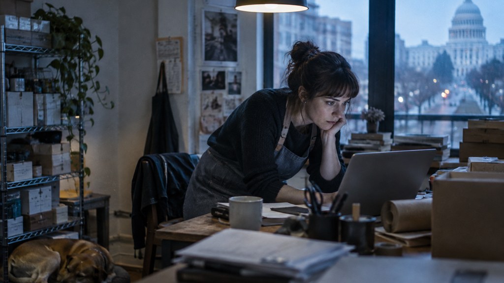 A small-business owner in an apron leaning over a laptop on a cluttered back-office desk late in the day, photographed in Washington DC