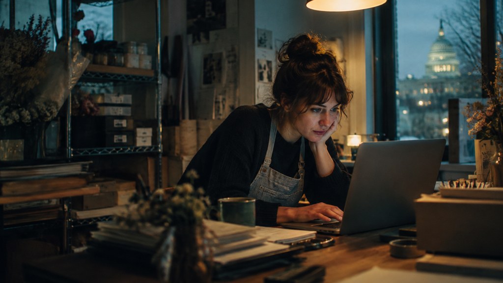 A small-business owner in an apron leaning over a laptop on a cluttered back-office desk late in the day, photographed in Washington DC
