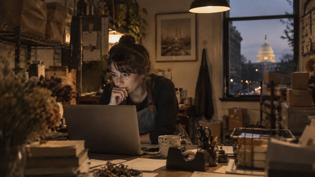 A small-business owner in an apron leaning over a laptop on a cluttered back-office desk late in the day, photographed in Washington DC
