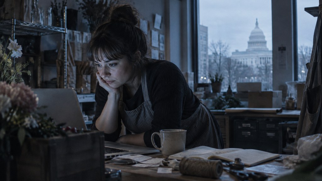 A small-business owner in an apron leaning over a laptop on a cluttered back-office desk late in the day, photographed in Washington DC