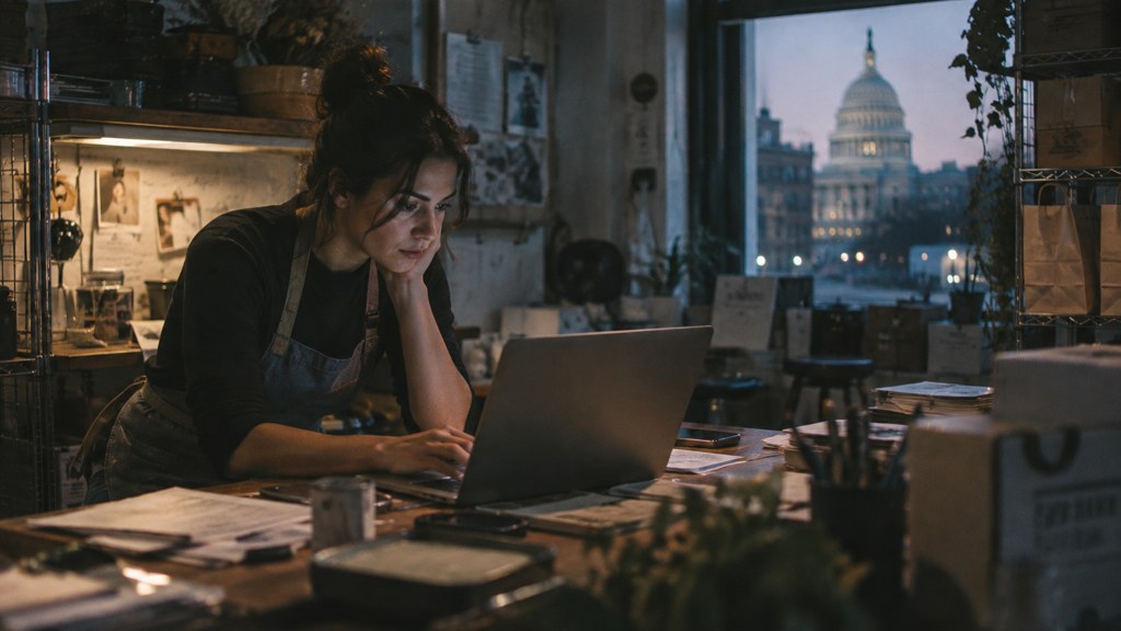 A small-business owner in an apron leaning over a laptop on a cluttered back-office desk late in the day, photographed in Washington DC