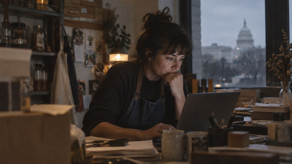 A small-business owner in an apron leaning over a laptop on a cluttered back-office desk late in the day, photographed in Washington DC