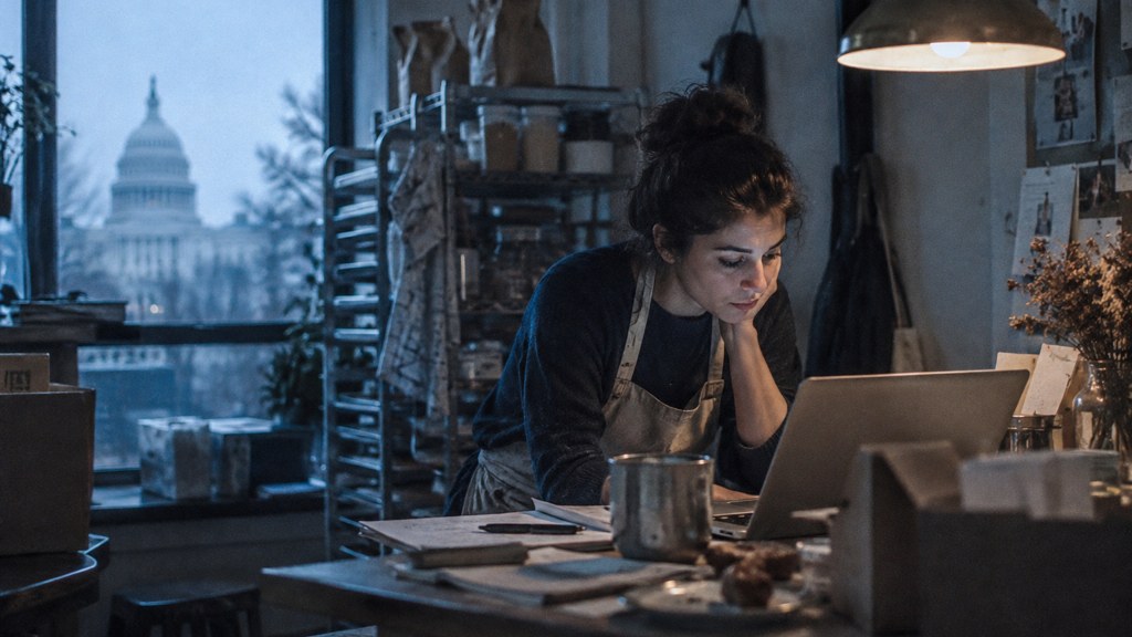 A small-business owner in an apron leaning over a laptop on a cluttered back-office desk late in the day, photographed in Washington DC