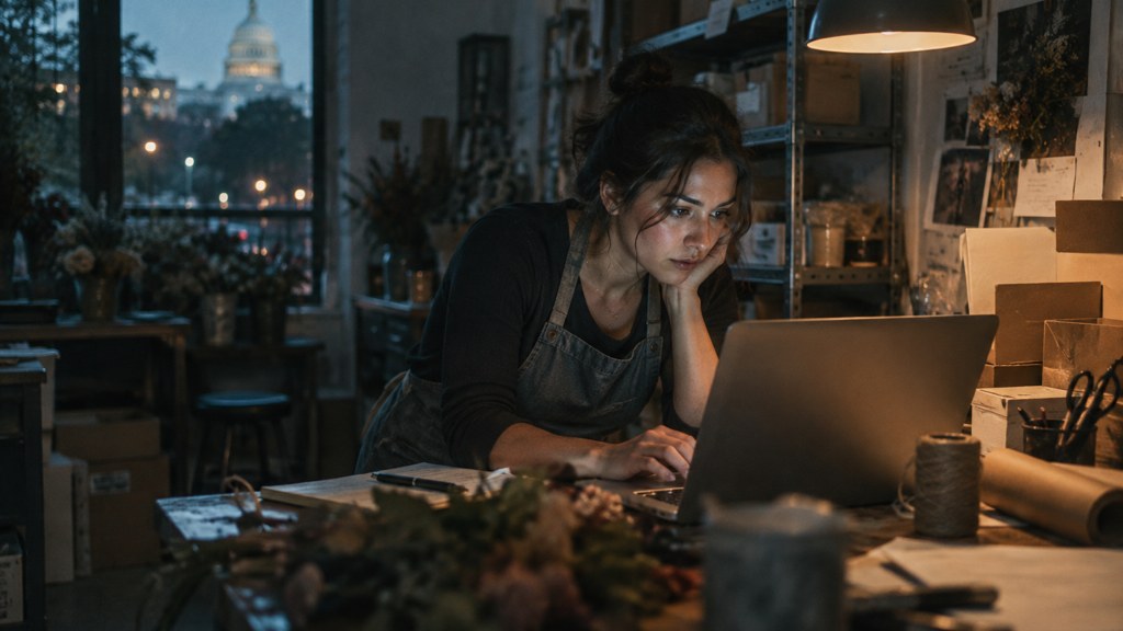 A small-business owner in an apron leaning over a laptop on a cluttered back-office desk late in the day, photographed in Washington DC