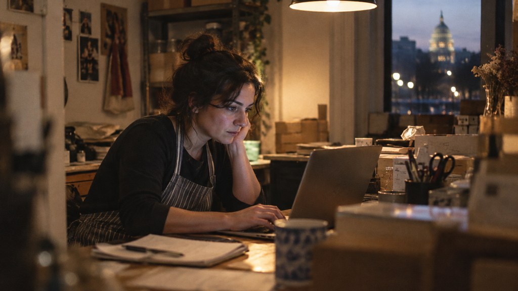 A small-business owner in an apron leaning over a laptop on a cluttered back-office desk late in the day, photographed in Washington DC