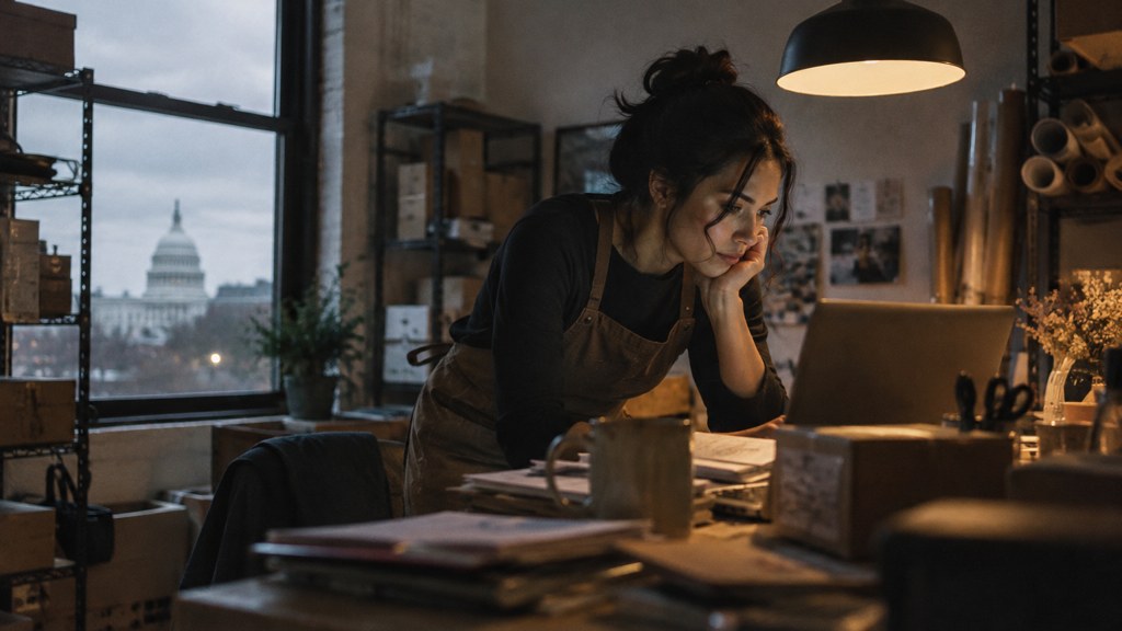 A small-business owner in an apron leaning over a laptop on a cluttered back-office desk late in the day, photographed in Washington DC