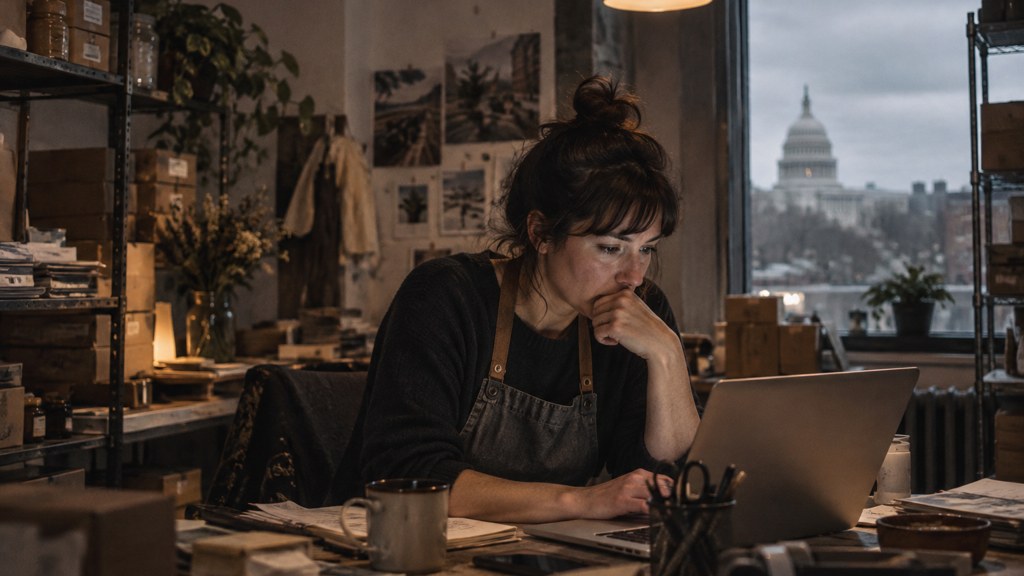 A small-business owner in an apron leaning over a laptop on a cluttered back-office desk late in the day, photographed in Washington DC