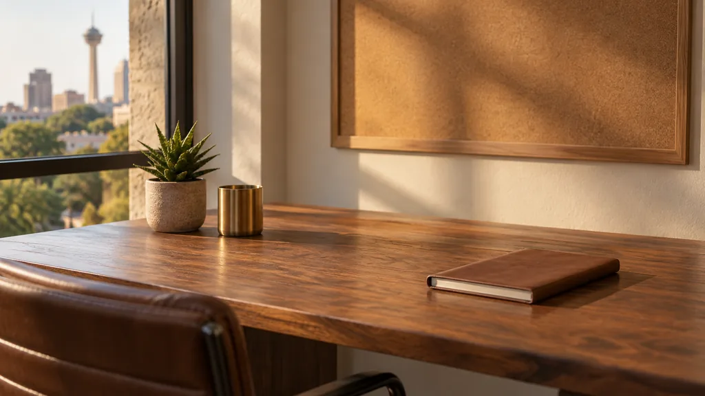 An empty workspace on a San Antonio office table of warm mesquite with an empty pinboard and one closed notebook in dry golden light