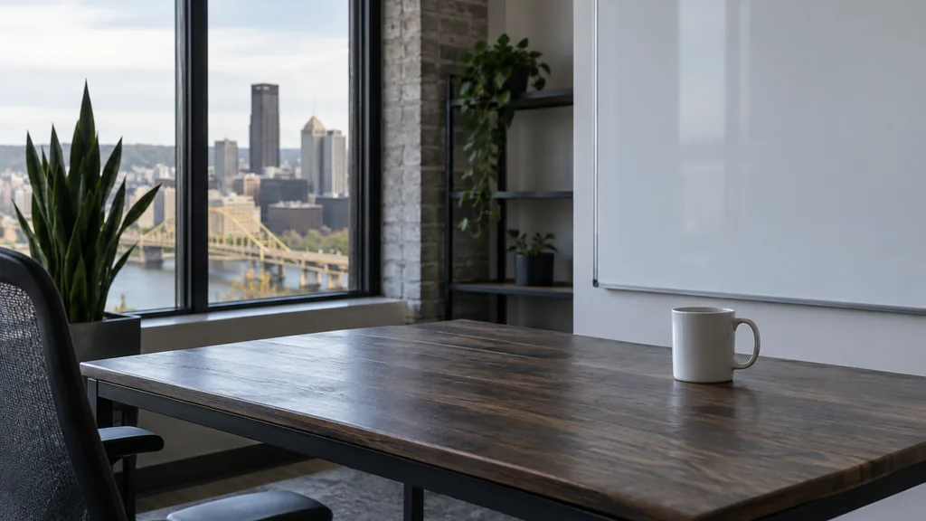 An empty workspace on a Pittsburgh office table of dark steel-framed oak with a blank whiteboard and one plain mug in cool river light