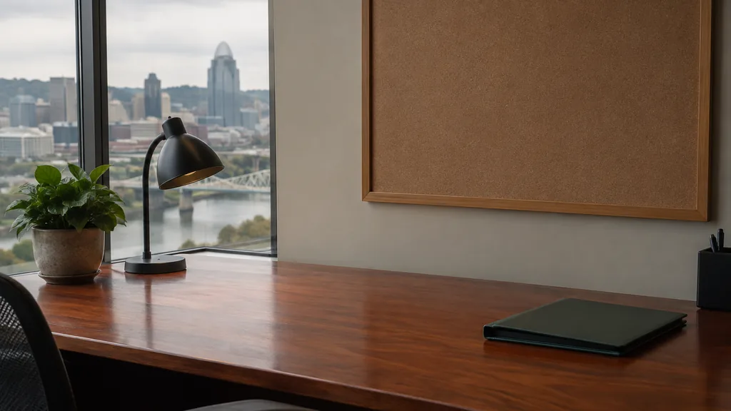 An empty workspace on a Cincinnati office table of aged cherry with a blank pinboard and one closed folder in soft overcast light