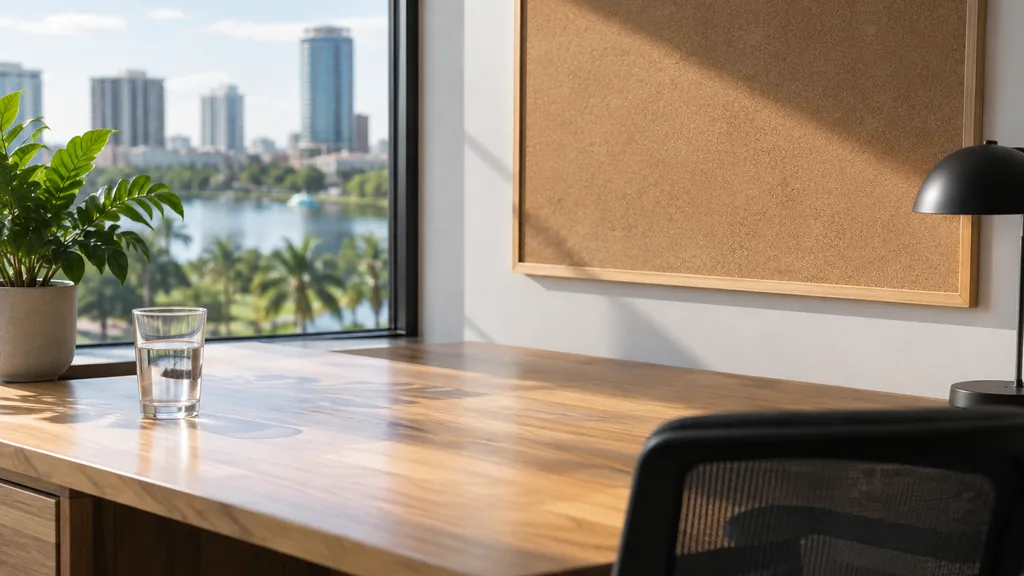 An empty workspace on an Orlando office table of pale cypress with a blank pinboard and one plain water glass in bright humid morning light