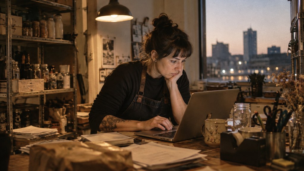 A small-business owner in an apron leaning over a laptop on a cluttered back-office desk late in the day, photographed in Wichita