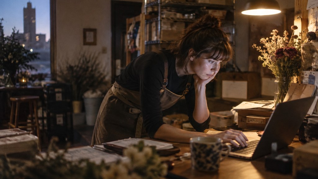 A small-business owner in an apron leaning over a laptop on a cluttered back-office desk late in the day, photographed in Wichita