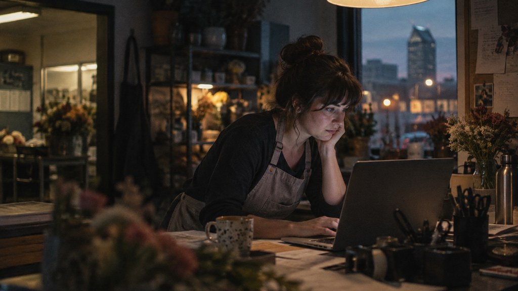 A small-business owner in an apron leaning over a laptop on a cluttered back-office desk late in the day, photographed in Wichita