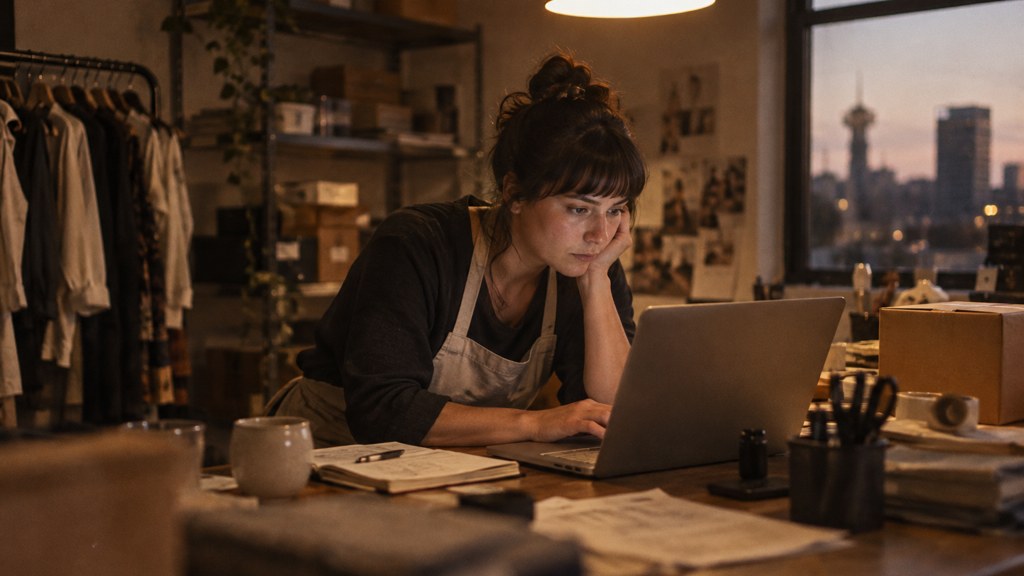 A small-business owner in an apron leaning over a laptop on a cluttered back-office desk late in the day, photographed in Wichita