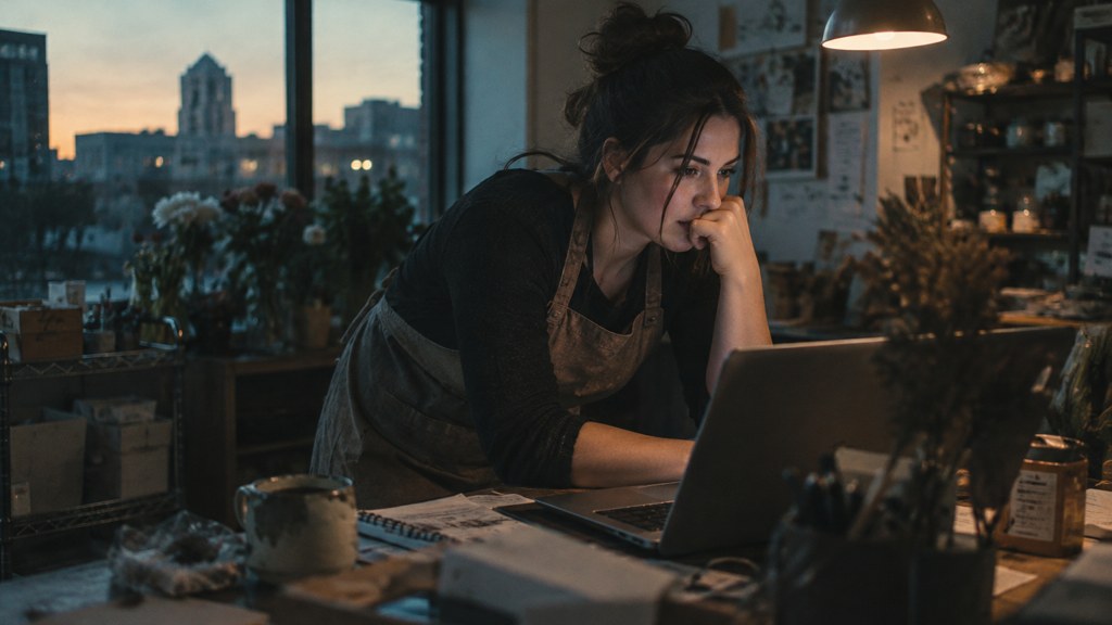 A small-business owner in an apron leaning over a laptop on a cluttered back-office desk late in the day, photographed in Wichita