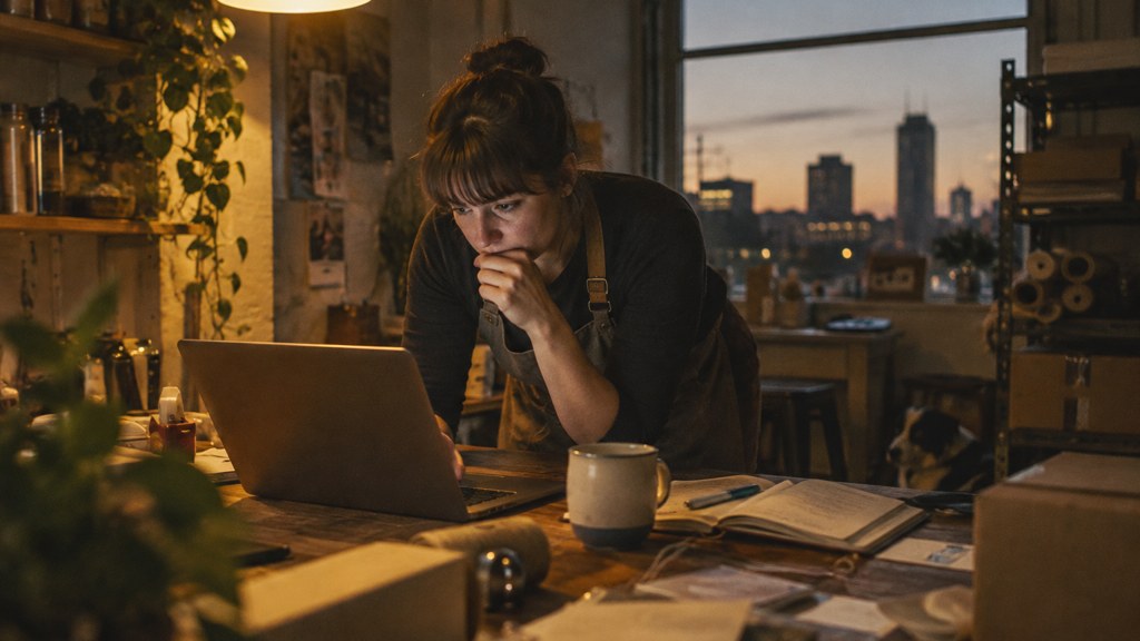 A small-business owner in an apron leaning over a laptop on a cluttered back-office desk late in the day, photographed in Wichita
