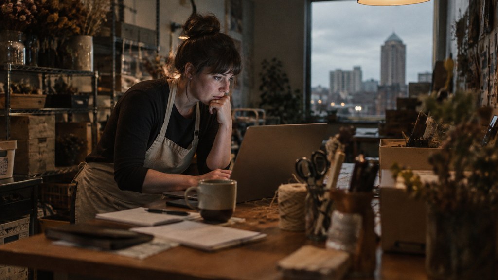 A small-business owner in an apron leaning over a laptop on a cluttered back-office desk late in the day, photographed in Wichita