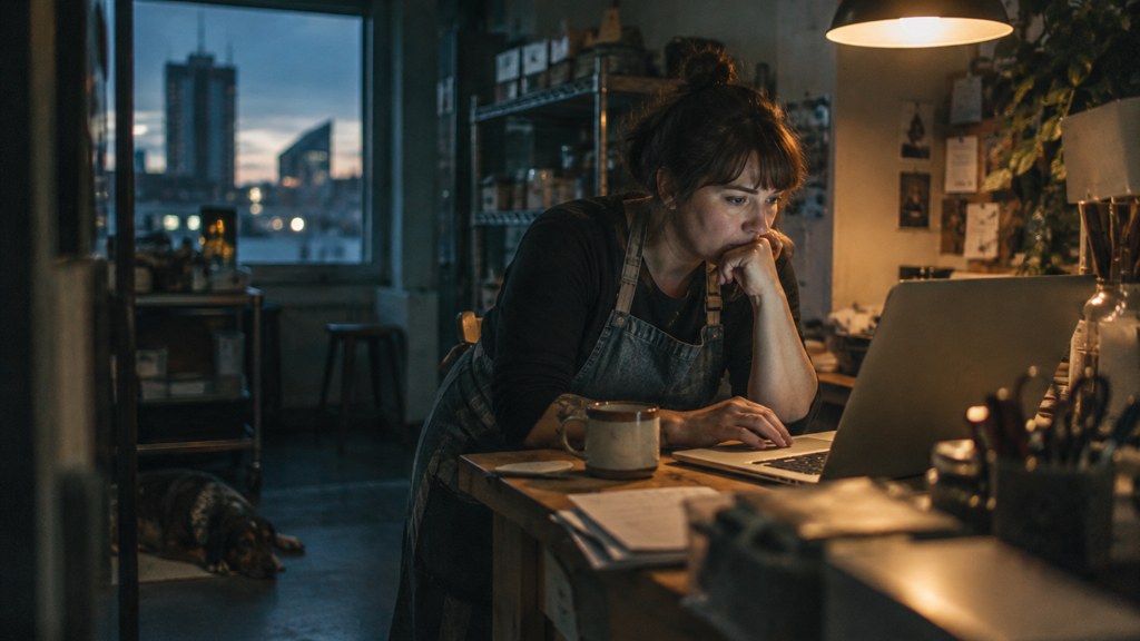 A small-business owner in an apron leaning over a laptop on a cluttered back-office desk late in the day, photographed in Wichita