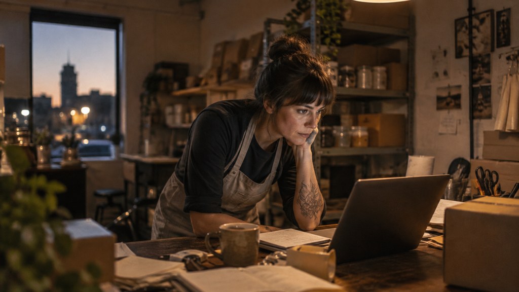 A small-business owner in an apron leaning over a laptop on a cluttered back-office desk late in the day, photographed in Wichita