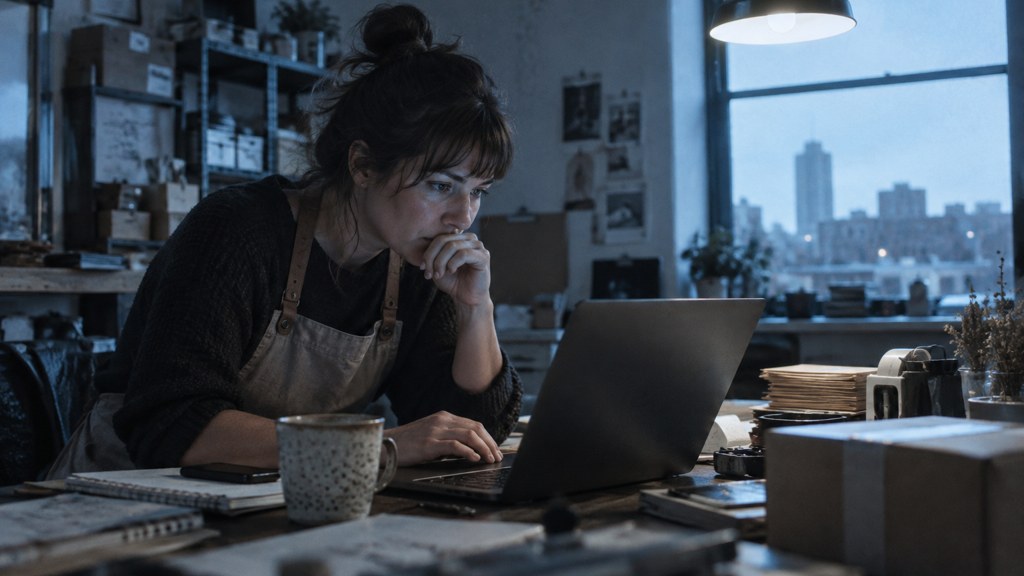 A small-business owner in an apron leaning over a laptop on a cluttered back-office desk late in the day, photographed in Wichita