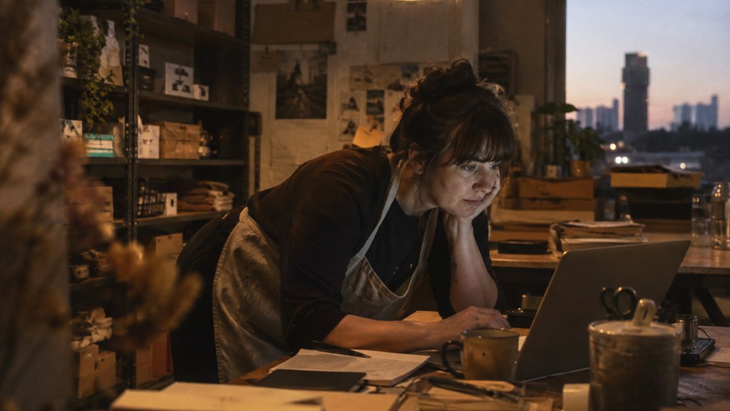 A small-business owner in an apron leaning over a laptop on a cluttered back-office desk late in the day, photographed in Wichita