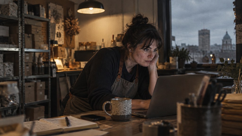 A small-business owner in an apron leaning over a laptop on a cluttered back-office desk late in the day, photographed in Wichita