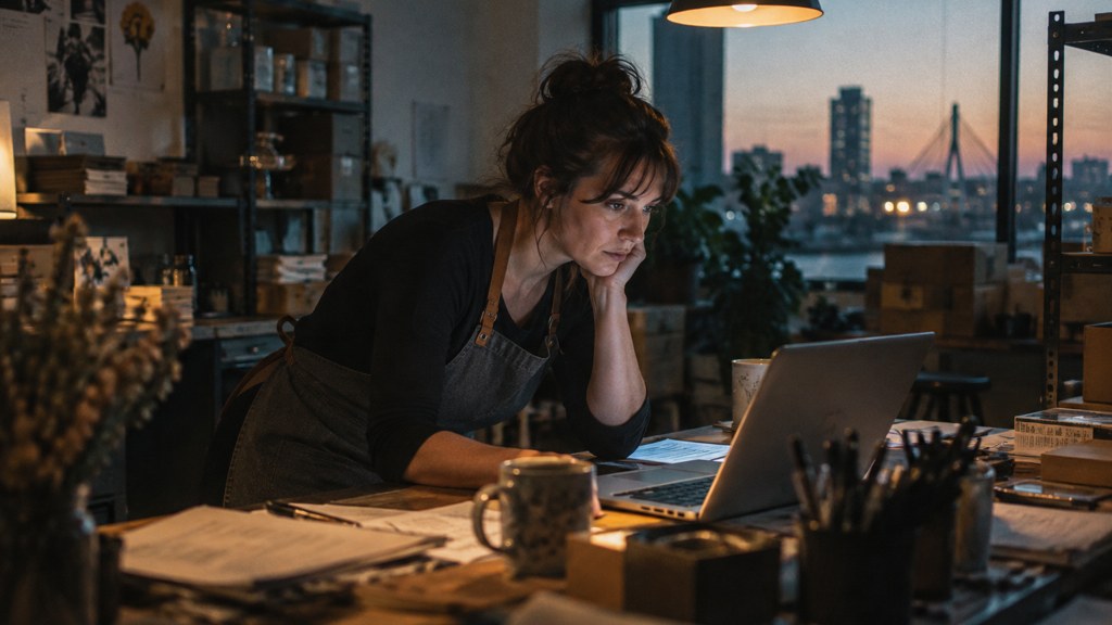 A small-business owner in an apron leaning over a laptop on a cluttered back-office desk late in the day, photographed in Wichita