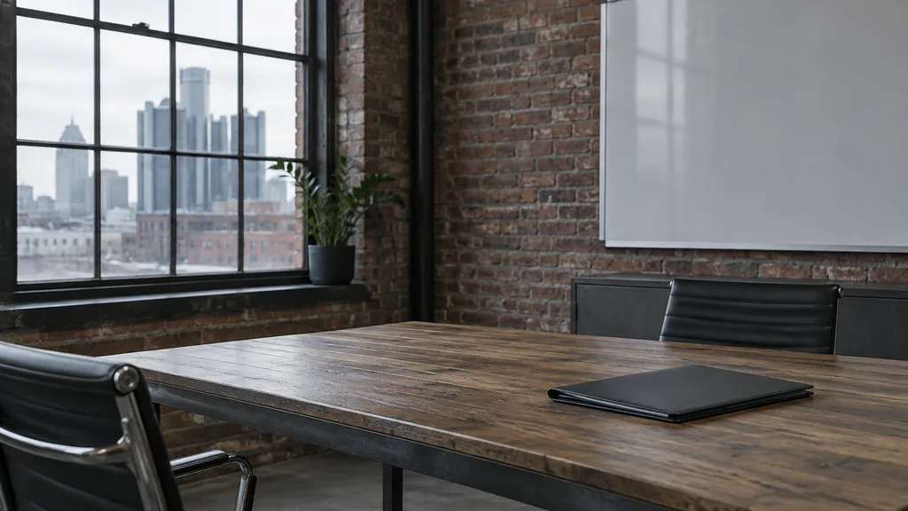 An empty workspace on a Detroit brick-walled office table of steel and oak with a blank whiteboard and one closed folder in cool grey window light