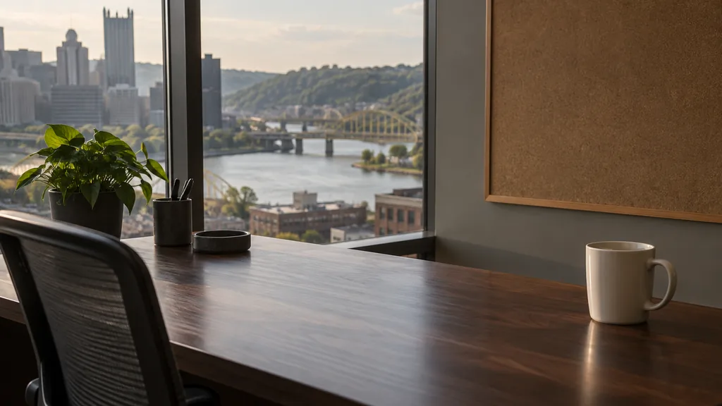 An empty workspace on a Pittsburgh office table of dark walnut with an empty pinboard and one plain mug in soft river-valley light