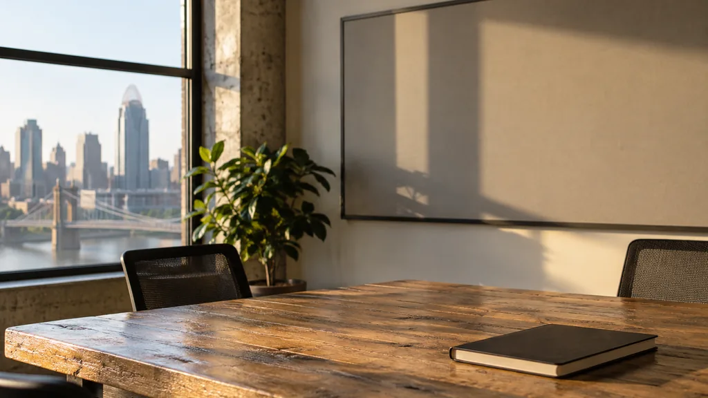 An empty workspace on a Cincinnati office table of reclaimed oak with an empty planning wall and one closed notebook in warm afternoon light