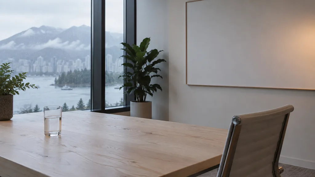 An empty workspace on a Vancouver office table of pale fir with a blank planning wall and one plain glass in soft rainy coastal light