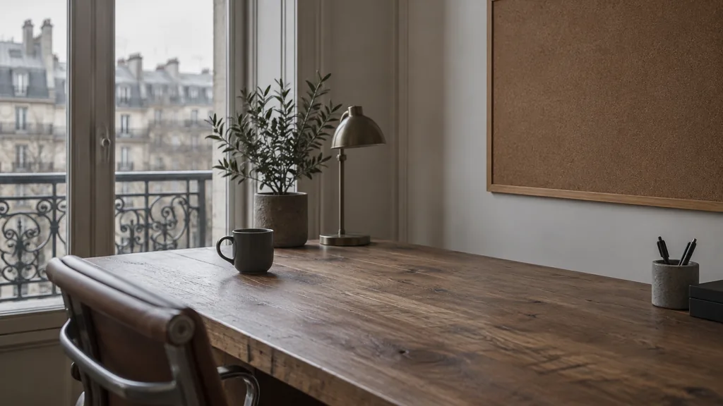 An empty workspace on a Paris office table of aged oak with an empty pinboard and one plain cup in grey diffused window light