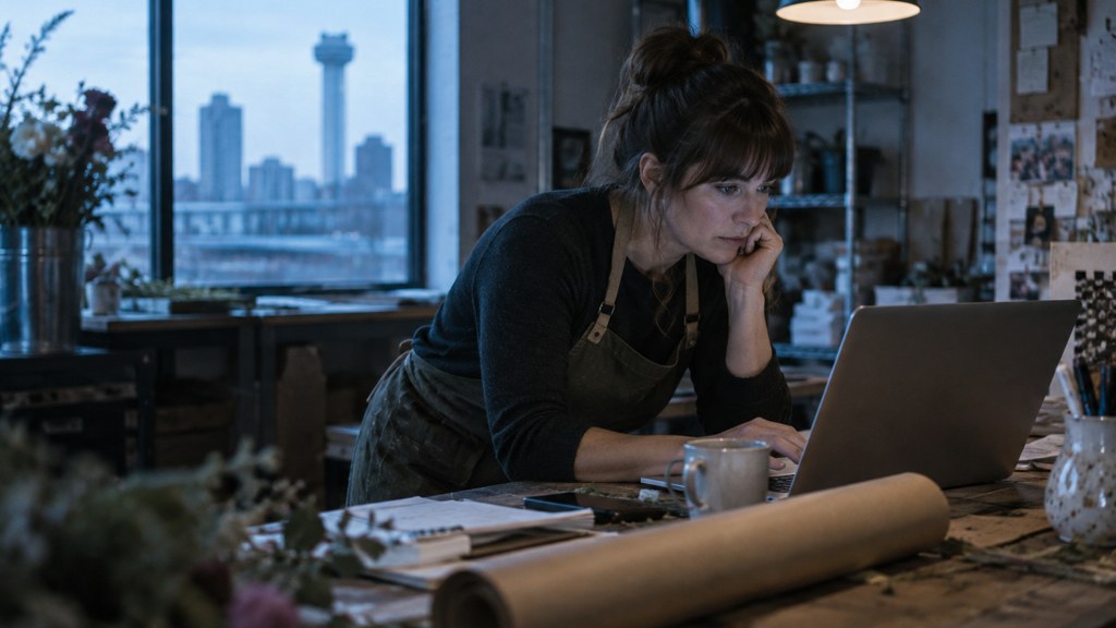 A small-business owner in an apron leaning over a laptop on a cluttered back-office desk late in the day, photographed in Wichita