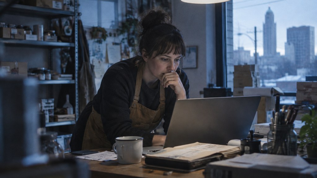 A small-business owner in an apron leaning over a laptop on a cluttered back-office desk late in the day, photographed in Wichita