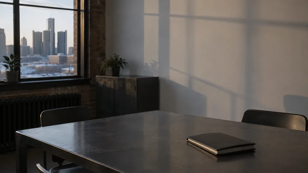An empty workspace in a Detroit office with low winter light, a bare planning wall and one closed notebook on a dark steel table