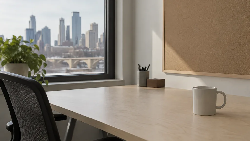 An empty workspace in a Minneapolis office with pale northern daylight, an empty pinboard and a plain mug on a birch table