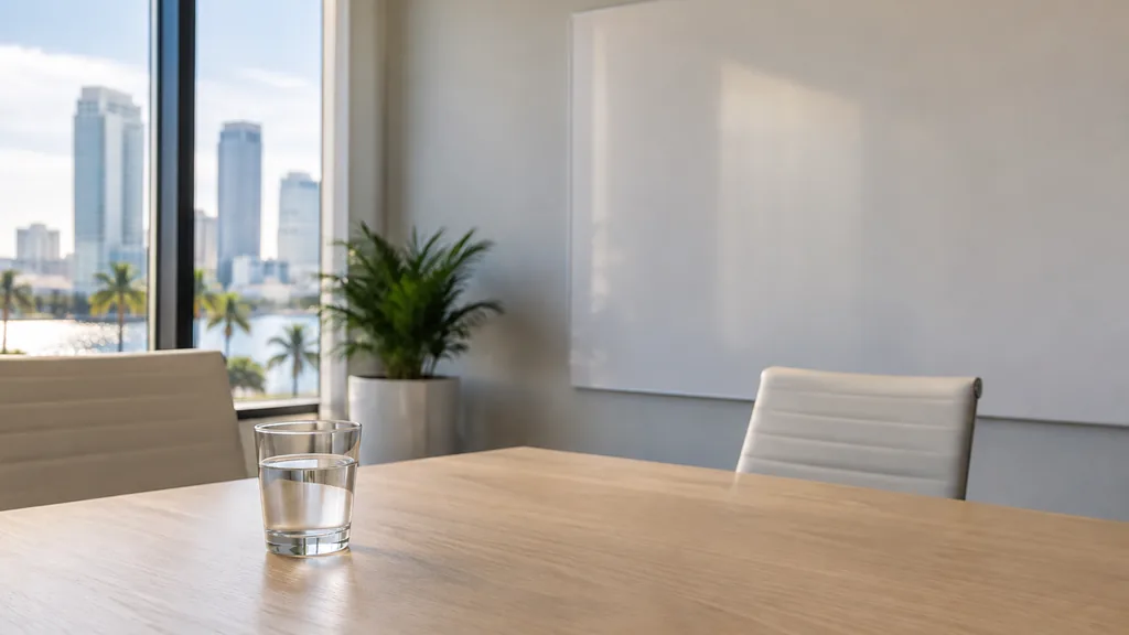 An empty workspace in a Tampa office with bright humid light, a blank strategy wall and a plain water glass on a light oak table