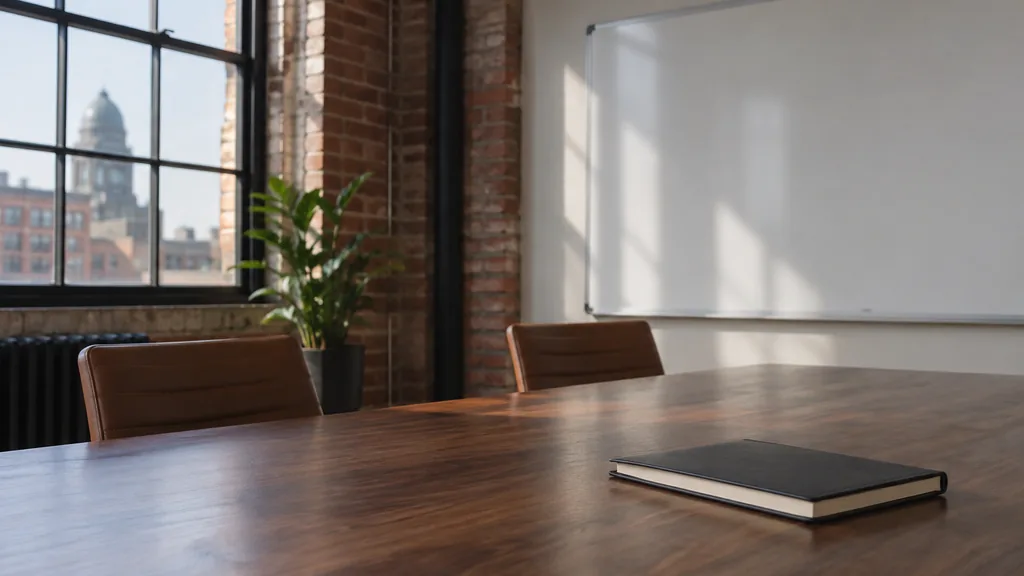 An empty workspace in a Baltimore office with soft brick-filtered light, an empty whiteboard and one closed notebook on a walnut table