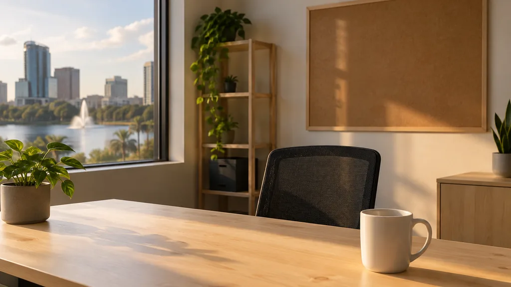 An empty workspace in an Orlando office with warm afternoon light, a bare pinboard and a plain mug on a pale pine table