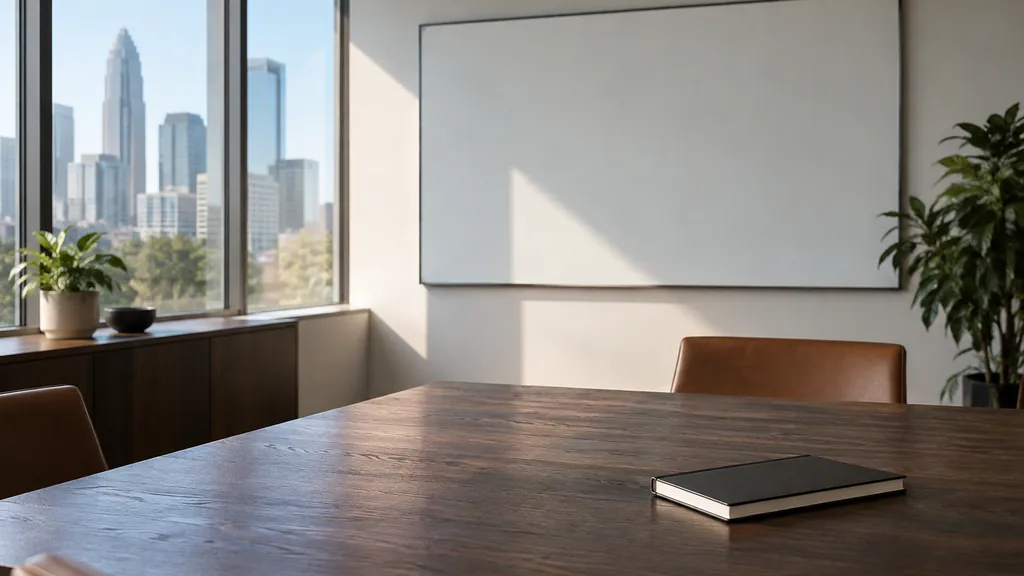 An empty workspace in a Charlotte office with clear morning light, an empty planning wall and one closed notebook on a dark oak table